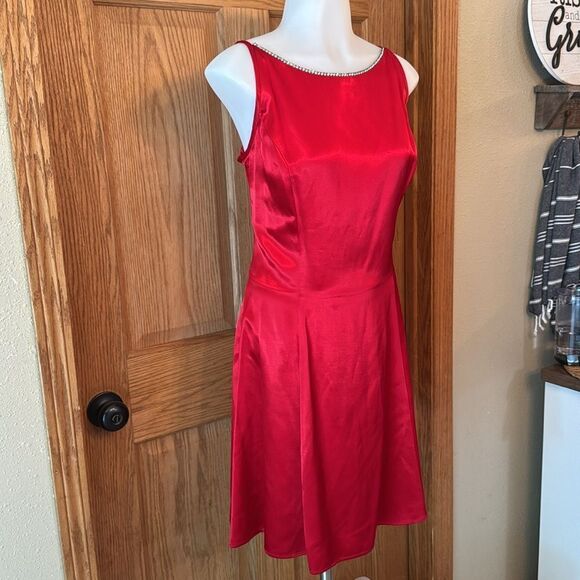 JESSICA MCCLINTOCK GUNNE SAX Vintage 90s Red Satin Rhinestone Mini Dress - Picture 7 of 15